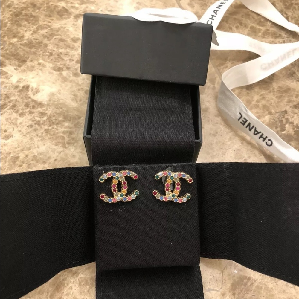 Chanel Crystal Over The Rainbow CC Stud Earings